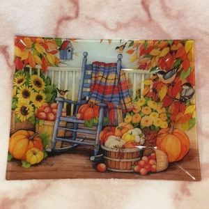 Fall Harvest Rocking Chair Thanksgiving Glass Platter, NWT 13” X 10.5” Rectangl